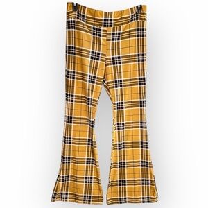 No Boundaries Women's Junior High-Rise Yellow Plaid Stretch Flare Pants XL 15-17